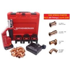 Rothenberger ROMAX Compact TT Press Jaw Set 15 22 28 MM With Free 80 Xpress Fittings (10 X Reducers, 20 X Tees, 20 X Couplings & 30 X Elbows)