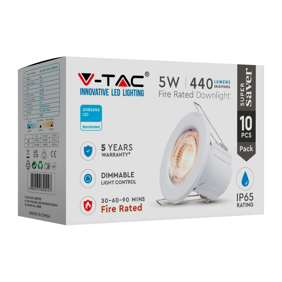 V-Tac 5W IP65 Fire Rated Downlight 218887 2 V-Tac 5W IP65 Fire Rated Downlight 218887 - Image 2