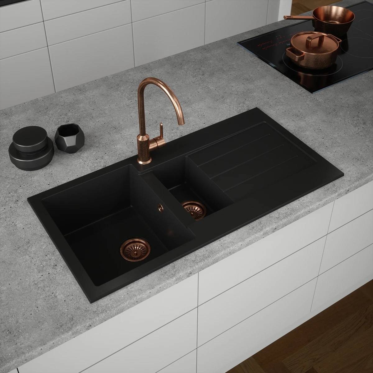 Ceki Black Comite 1.5 Bowl Kitchen Sink And Drainer 1000 X 500mm Left Or Right Handed Supplied With Chrome Basket Strainer Wastes 2 Ceki Black Comite 1.5 Bowl Kitchen Sink And Drainer 1000 X 500mm Left Or Right Handed Supplied With Chrome Basket Strainer Wastes - Image 2
