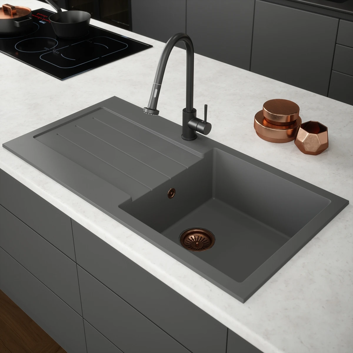 Ceki Grey Comite Single Bowl Kitchen Sink And Drainer 1000 X 500mm Left Or Right Handed Supplied With Chrome Basket Strainer Waste 2 Ceki Grey Comite Single Bowl Kitchen Sink And Drainer 1000 X 500mm Left Or Right Handed Supplied With Chrome Basket Strainer Waste - Image 2