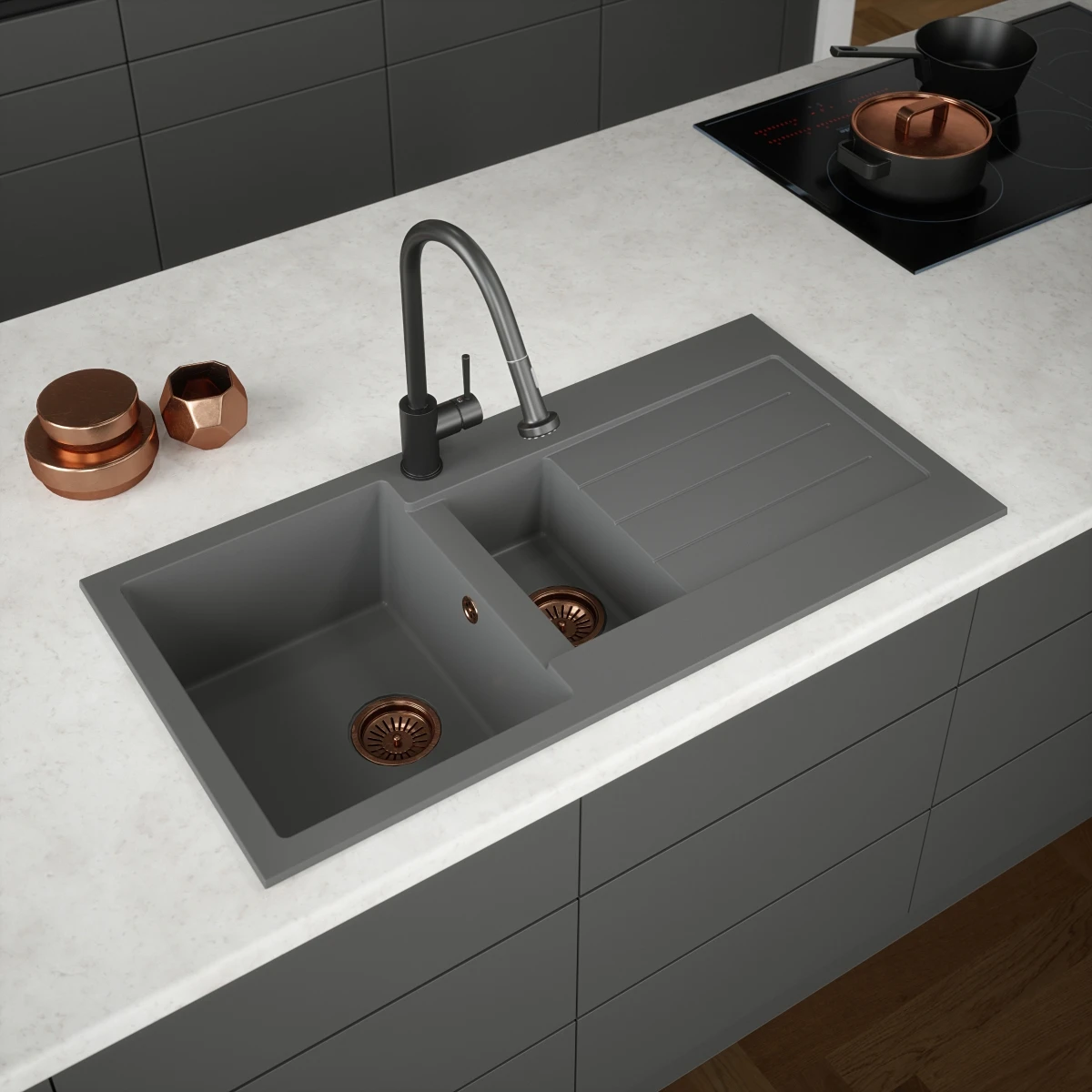 Ceki Grey Comite 1.5 Bowl Kitchen Sink And Drainer 1000 X 500mm Left Or Right Handed Supplied With Chrome Basket Strainer Wastes 2 Ceki Grey Comite 1.5 Bowl Kitchen Sink And Drainer 1000 X 500mm Left Or Right Handed Supplied With Chrome Basket Strainer Wastes - Image 2