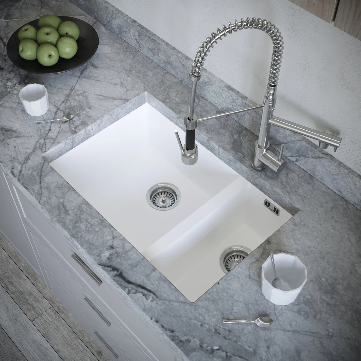 Ceki Matt White Comite 1.5 Bowl Inset Or Undermounted Kitchen Sink Over Size 670x440x206mm Supplied With Chrome Basket Strainer Wastes 2 Ceki Matt White Comite 1.5 Bowl Inset Or Undermounted Kitchen Sink Over Size 670x440x206mm Supplied With Chrome Basket Strainer Wastes - Image 2