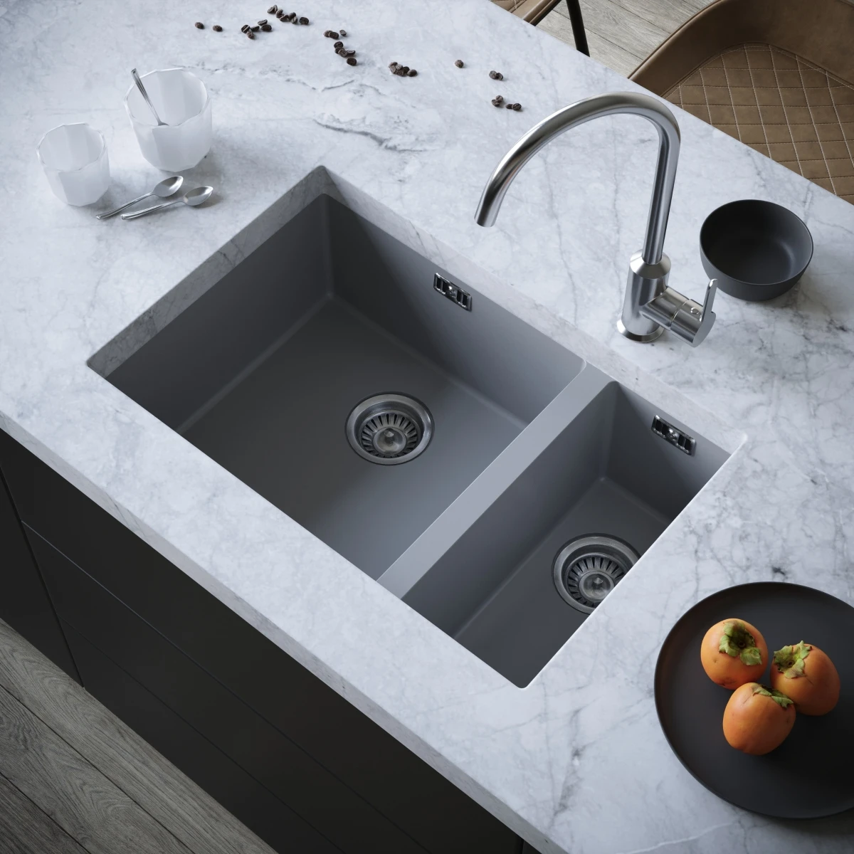 Ceki Grey Comite 1.5 Bowl Inset Or Undermounted Kitchen Sink Over Size 670x440x206mm Supplied With Chrome Basket Strainer Wastes 2 Ceki Grey Comite 1.5 Bowl Inset Or Undermounted Kitchen Sink Over Size 670x440x206mm Supplied With Chrome Basket Strainer Wastes - Image 2