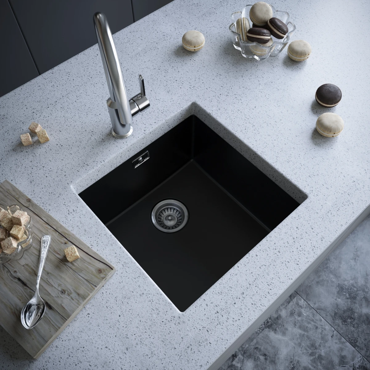 Ceki Black Comite Single Bowl Inset Or Undermounted Kitchen Sink Over Size 440x440x211mm Supplied With Chrome Basket Strainer Waste 2 Ceki Black Comite Single Bowl Inset Or Undermounted Kitchen Sink Over Size 440x440x211mm Supplied With Chrome Basket Strainer Waste - Image 2