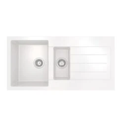 Ceki Matt White Comite 1.5 Bowl Kitchen Sink And Drainer 1000 X 500mm Left Or Right Handed Supplied With Chrome Basket Strainer Wastes