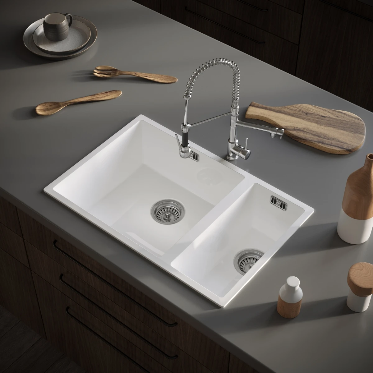 Ceki Gloss White Comite 1.5 Bowl Inset Or Undermounted Kitchen Sink Over Size 670x440x206mm Supplied With Chrome Basket Strainer Wastes 2 Ceki Gloss White Comite 1.5 Bowl Inset Or Undermounted Kitchen Sink Over Size 670x440x206mm Supplied With Chrome Basket Strainer Wastes - Image 2